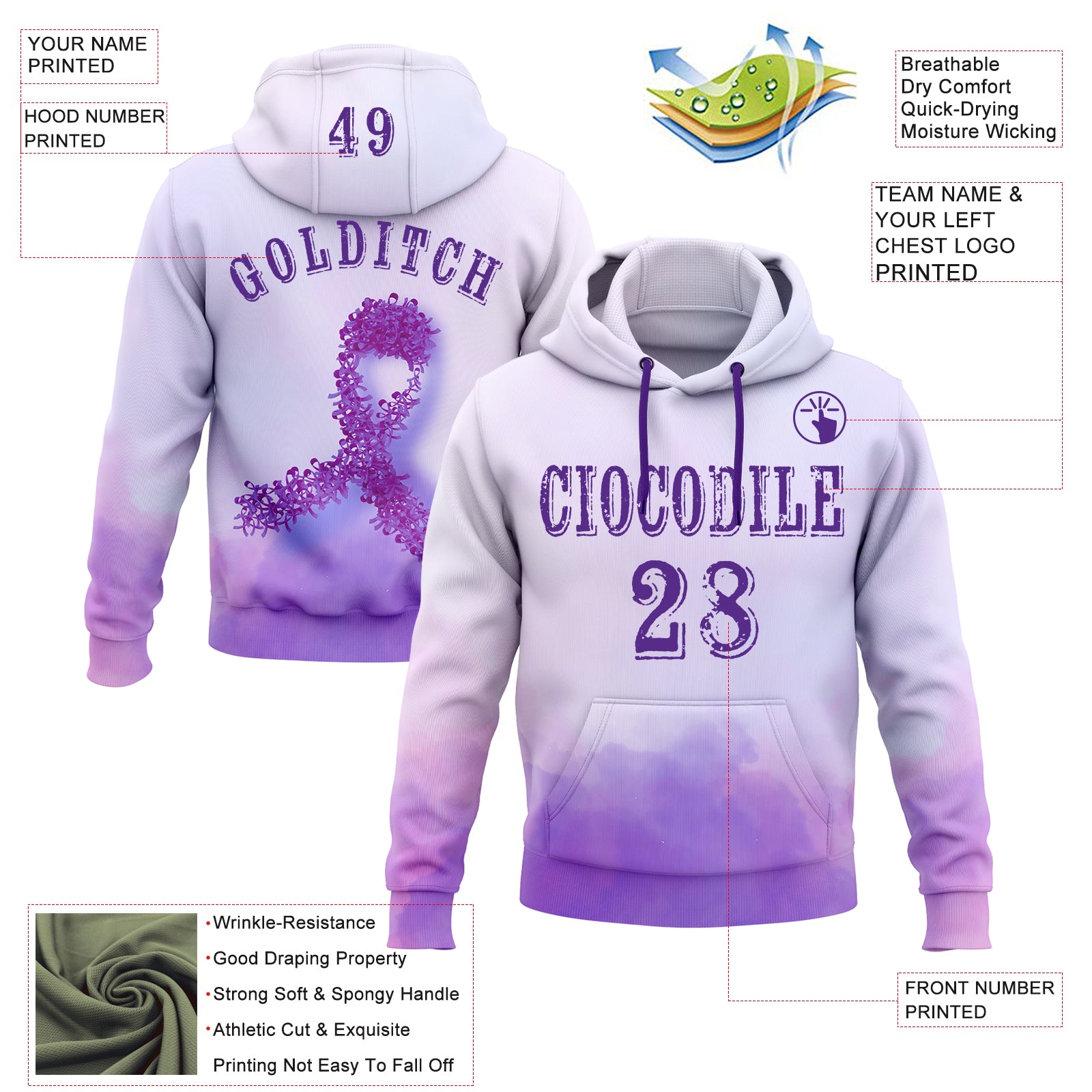 Custom Purple White 3D Pancreatic Cancer World Cancer Day Ribbon Support Sports Pullover Sweatshirt Hoodie