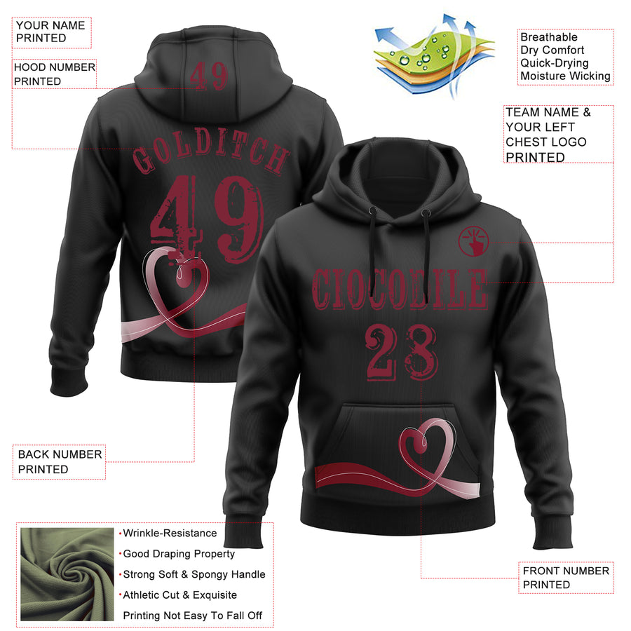 Custom Black Crimson 3D Head And Neck Cancer World Cancer Day Ribbon Support Sports Pullover Sweatshirt Hoodie