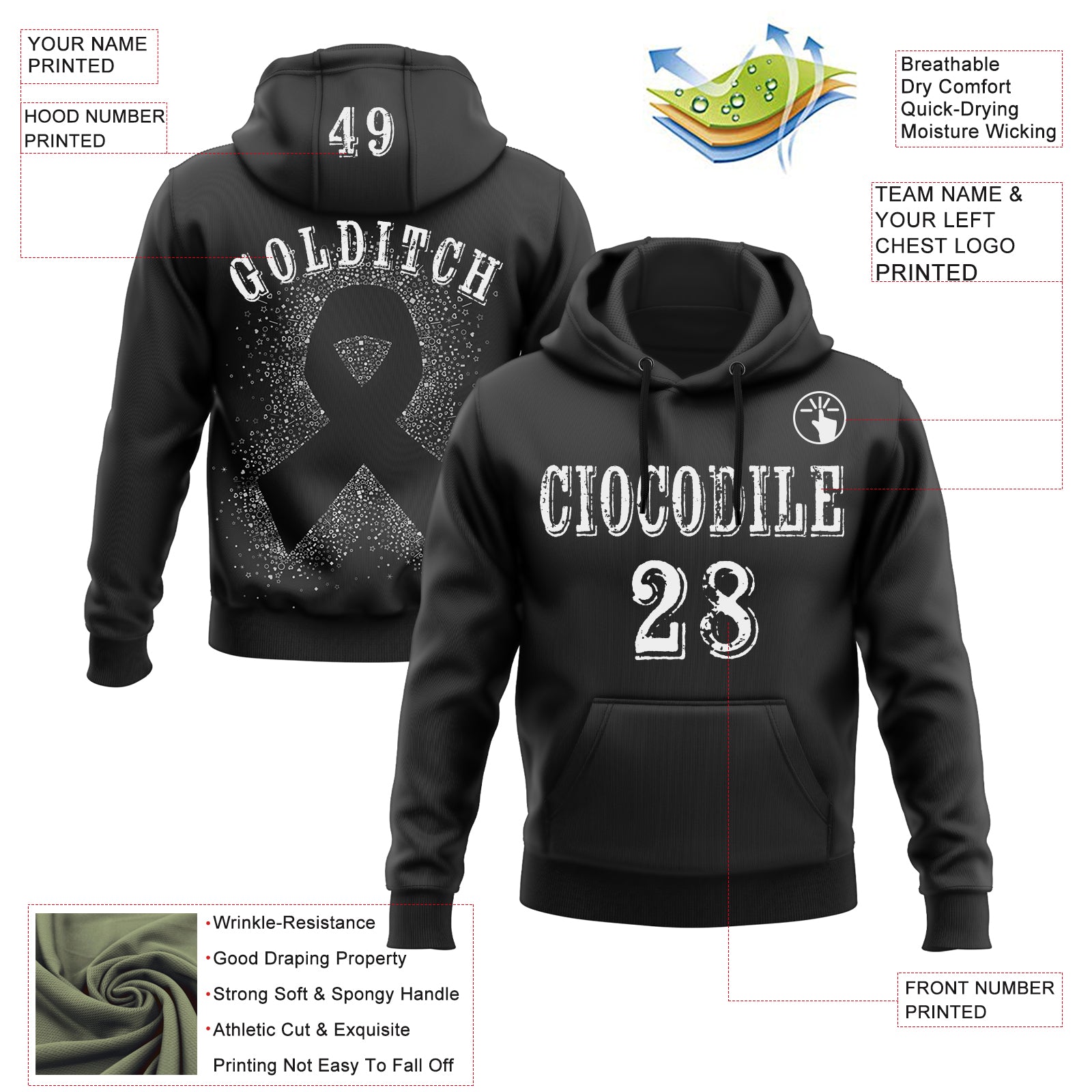 Custom Black White 3D Skin Cancer World Cancer Day Ribbon Support Sports Pullover Sweatshirt Hoodie