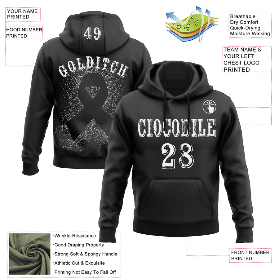 Custom Black White 3D Skin Cancer World Cancer Day Ribbon Support Sports Pullover Sweatshirt Hoodie