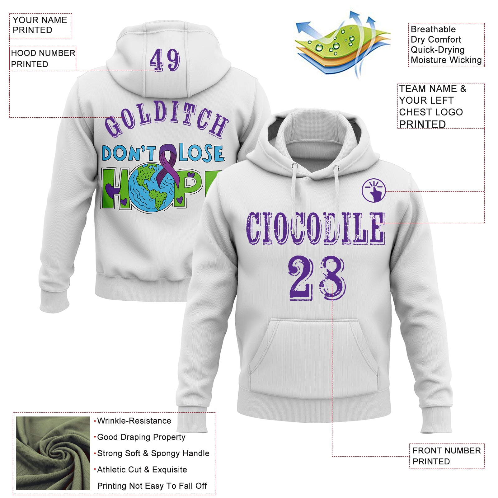 Custom White Purple 3D Pancreatic Cancer World Cancer Day Ribbon Support Sports Pullover Sweatshirt Hoodie