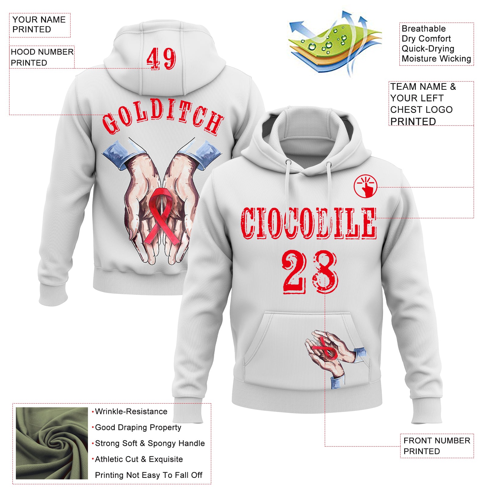 Custom White Fire Red 3D Blood Cancer World Cancer Day Ribbon Support Sports Pullover Sweatshirt Hoodie