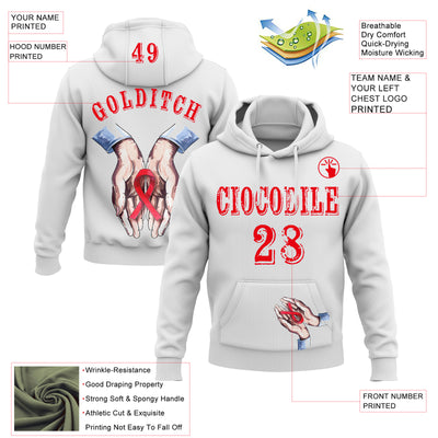 Custom White Fire Red 3D Blood Cancer World Cancer Day Ribbon Support Sports Pullover Sweatshirt Hoodie