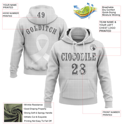 Custom Gray Steel Gray-White 3D Lung Cancer World Cancer Day Ribbon Support Sports Pullover Sweatshirt Hoodie