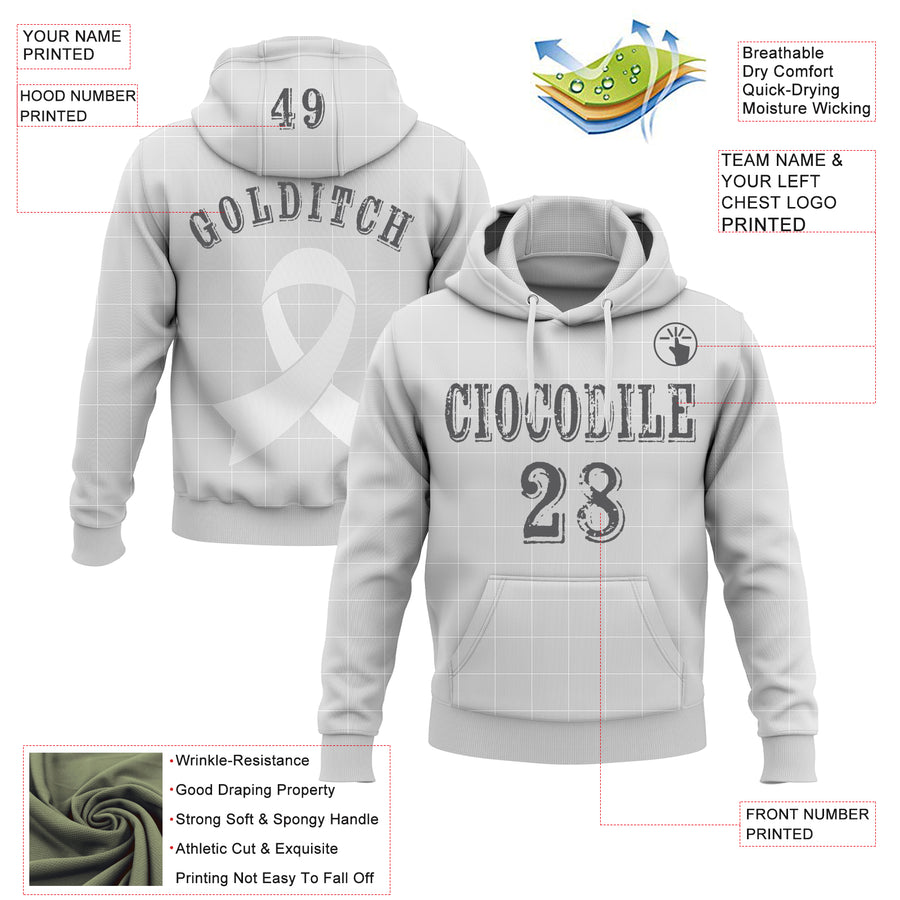 Custom Gray Steel Gray-White 3D Lung Cancer World Cancer Day Ribbon Support Sports Pullover Sweatshirt Hoodie
