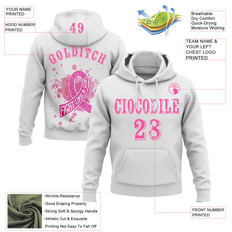 Custom White Pink 3D Breast Cancer World Cancer Day Ribbon Support Sports Pullover Sweatshirt Hoodie