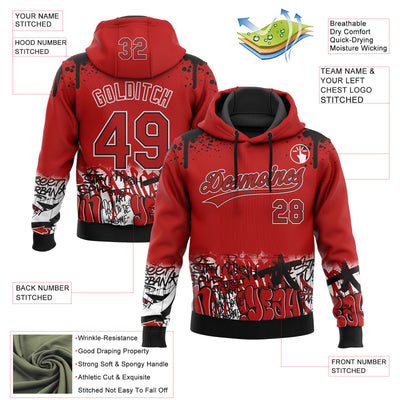 Custom Stitched Red Black-White 3D Graffiti Splash Street Art Sports Pullover Sweatshirt Hoodie