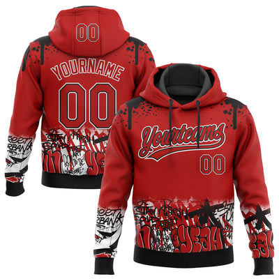 Custom Stitched Red Black-White 3D Graffiti Splash Street Art Sports Pullover Sweatshirt Hoodie