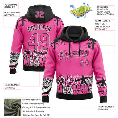 Custom Stitched Pink Black-White 3D Graffiti Splash Street Art Sports Pullover Sweatshirt Hoodie
