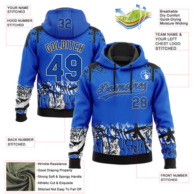 Custom Stitched Thunder Blue Black-White 3D Graffiti Splash Street Art Sports Pullover Sweatshirt Hoodie