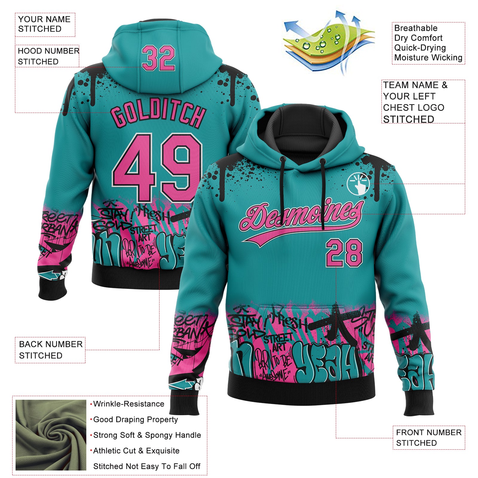 Custom Stitched Teal Pink Black-White 3D Graffiti Splash Street Art Sports Pullover Sweatshirt Hoodie