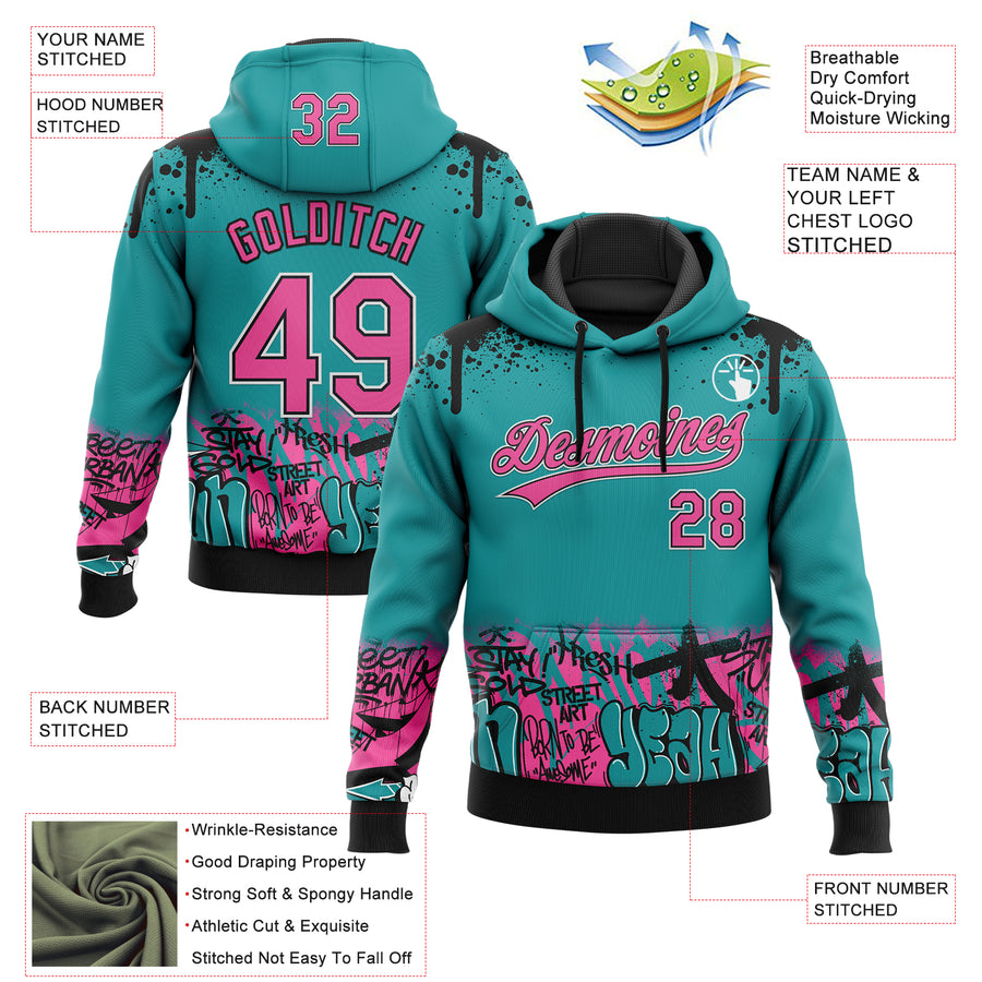 Custom Stitched Teal Pink Black-White 3D Graffiti Splash Street Art Sports Pullover Sweatshirt Hoodie