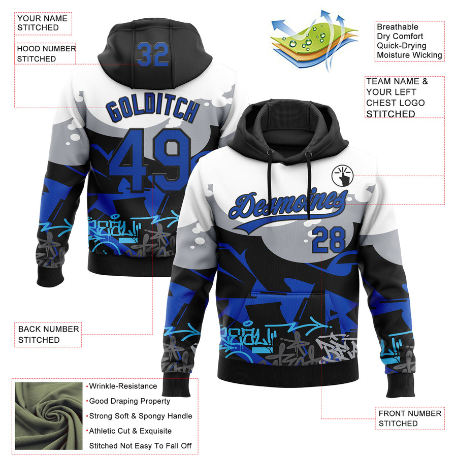 Custom Stitched Black Thunder Blue Gray-White 3D Graffiti Splash Street Art Sports Pullover Sweatshirt Hoodie