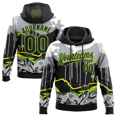 Custom Stitched Black Gray Neon Green Yellow-White 3D Graffiti Splash Street Art Sports Pullover Sweatshirt Hoodie