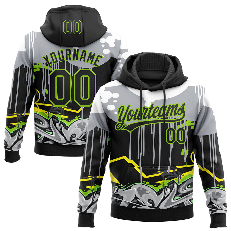 Custom Stitched Black Gray Neon Green Yellow-White 3D Graffiti Splash Street Art Sports Pullover Sweatshirt Hoodie