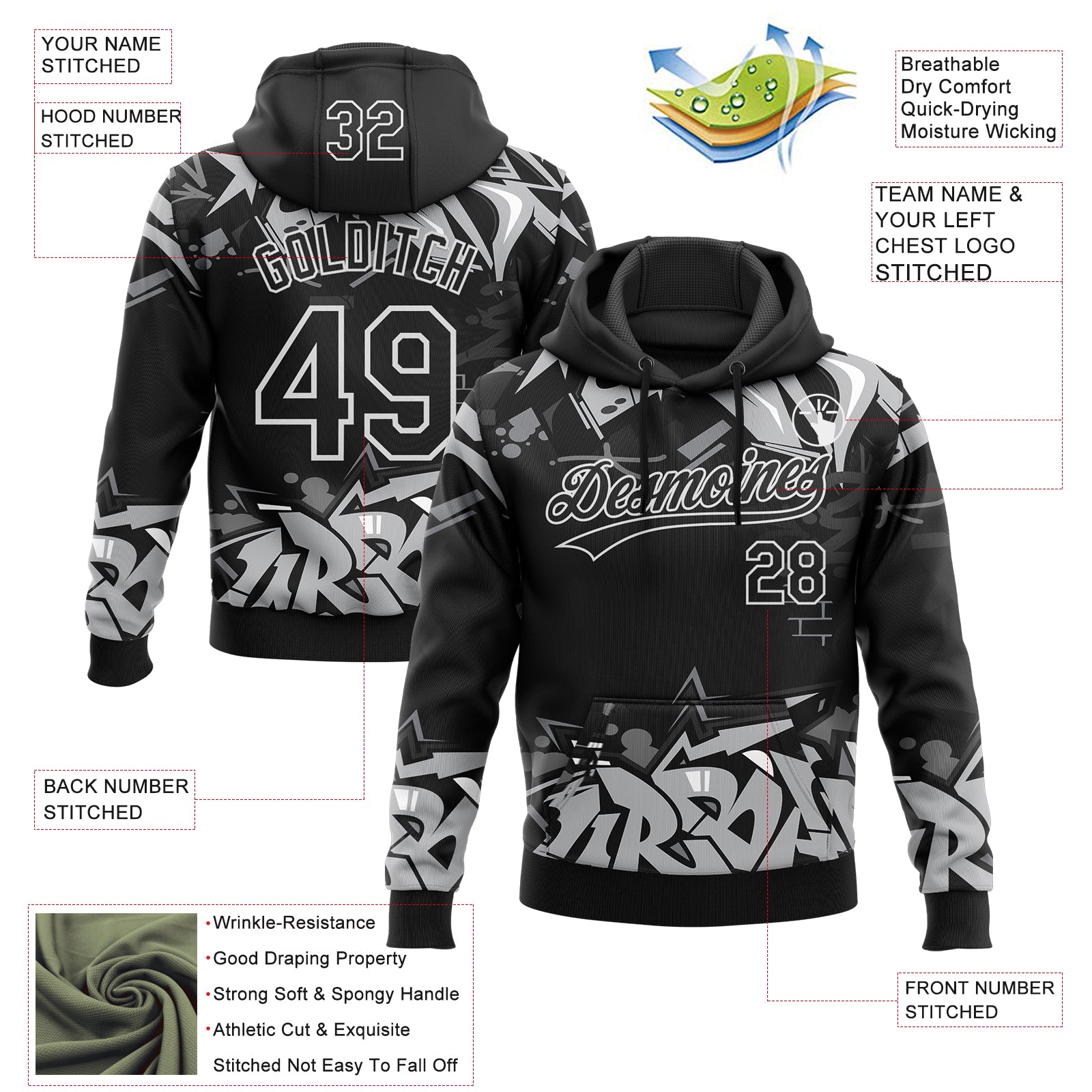 Custom Stitched Black Gray-White 3D Graffiti Splash Street Art Sports Pullover Sweatshirt Hoodie