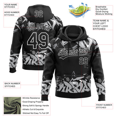 Custom Stitched Black Gray-White 3D Graffiti Splash Street Art Sports Pullover Sweatshirt Hoodie