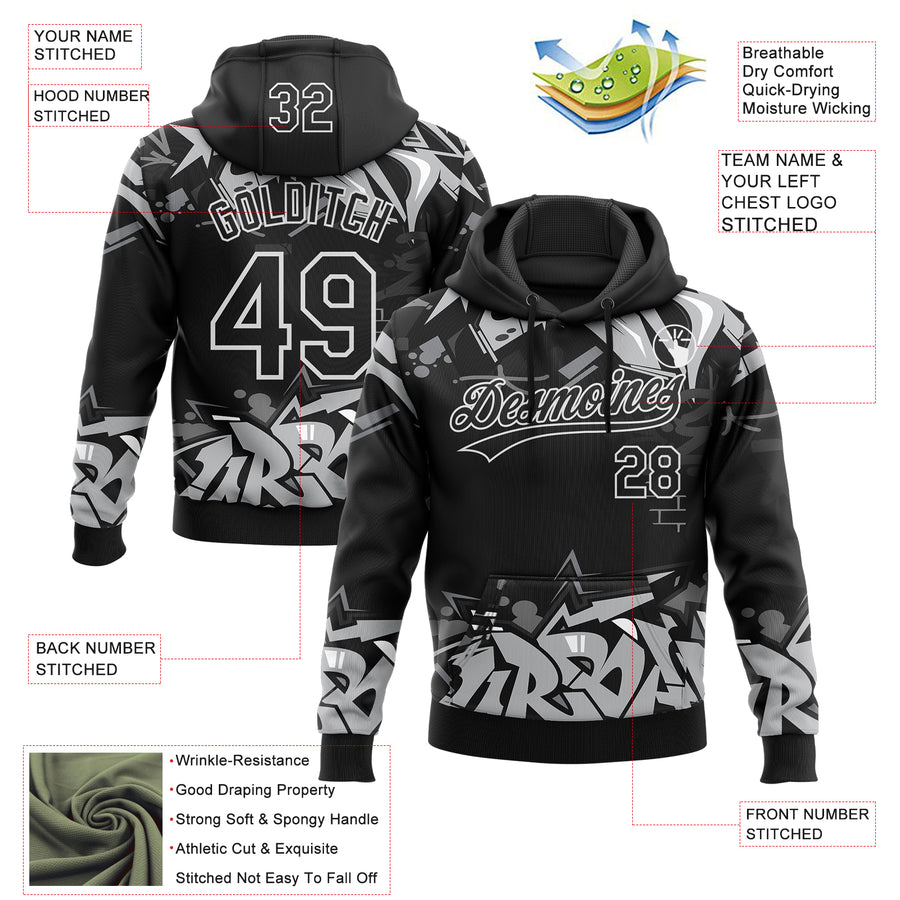 Custom Stitched Black Gray-White 3D Graffiti Splash Street Art Sports Pullover Sweatshirt Hoodie