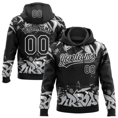 Custom Stitched Black Gray-White 3D Graffiti Splash Street Art Sports Pullover Sweatshirt Hoodie