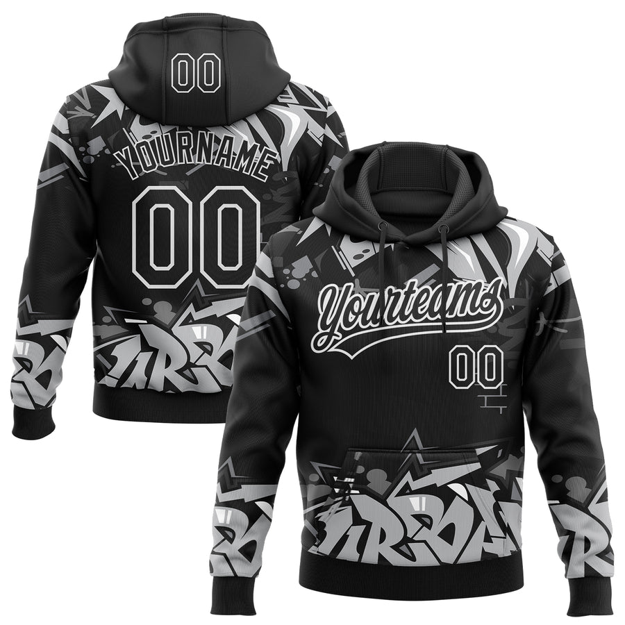 Custom Stitched Black Gray-White 3D Graffiti Splash Street Art Sports Pullover Sweatshirt Hoodie