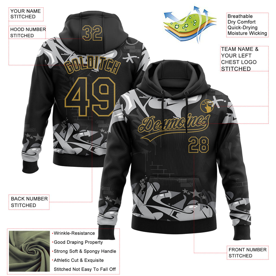 Custom Stitched Black Gray Old Gold-White 3D Graffiti Splash Street Art Sports Pullover Sweatshirt Hoodie