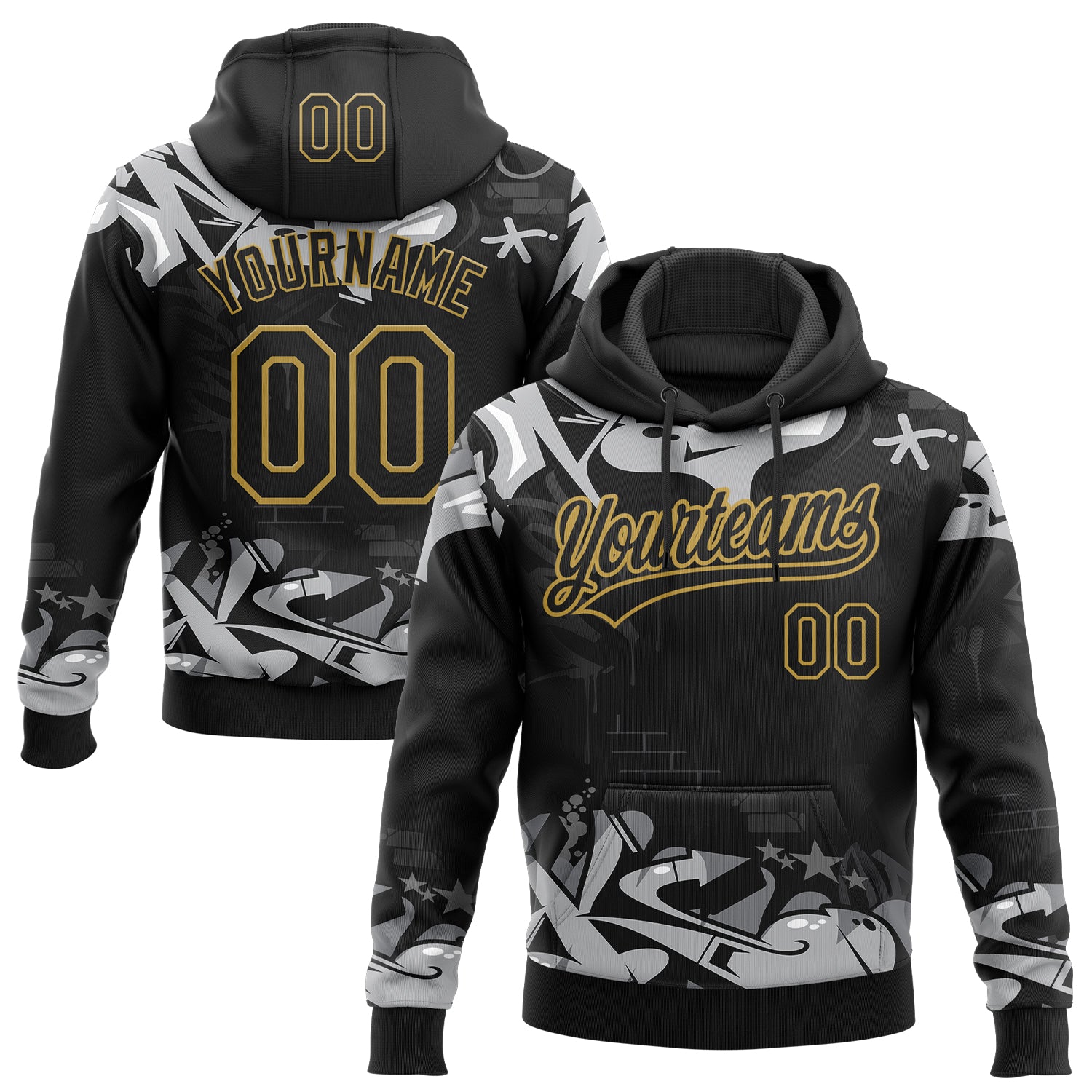 Custom Stitched Black Gray Old Gold-White 3D Graffiti Splash Street Art Sports Pullover Sweatshirt Hoodie