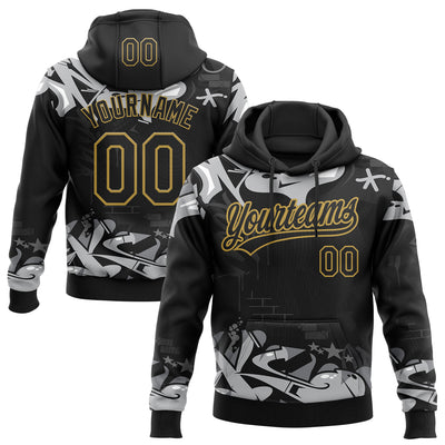 Custom Stitched Black Gray Old Gold-White 3D Graffiti Splash Street Art Sports Pullover Sweatshirt Hoodie