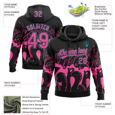 Custom Stitched Black Pink-Teal 3D Graffiti Splash Street Art Sports Pullover Sweatshirt Hoodie
