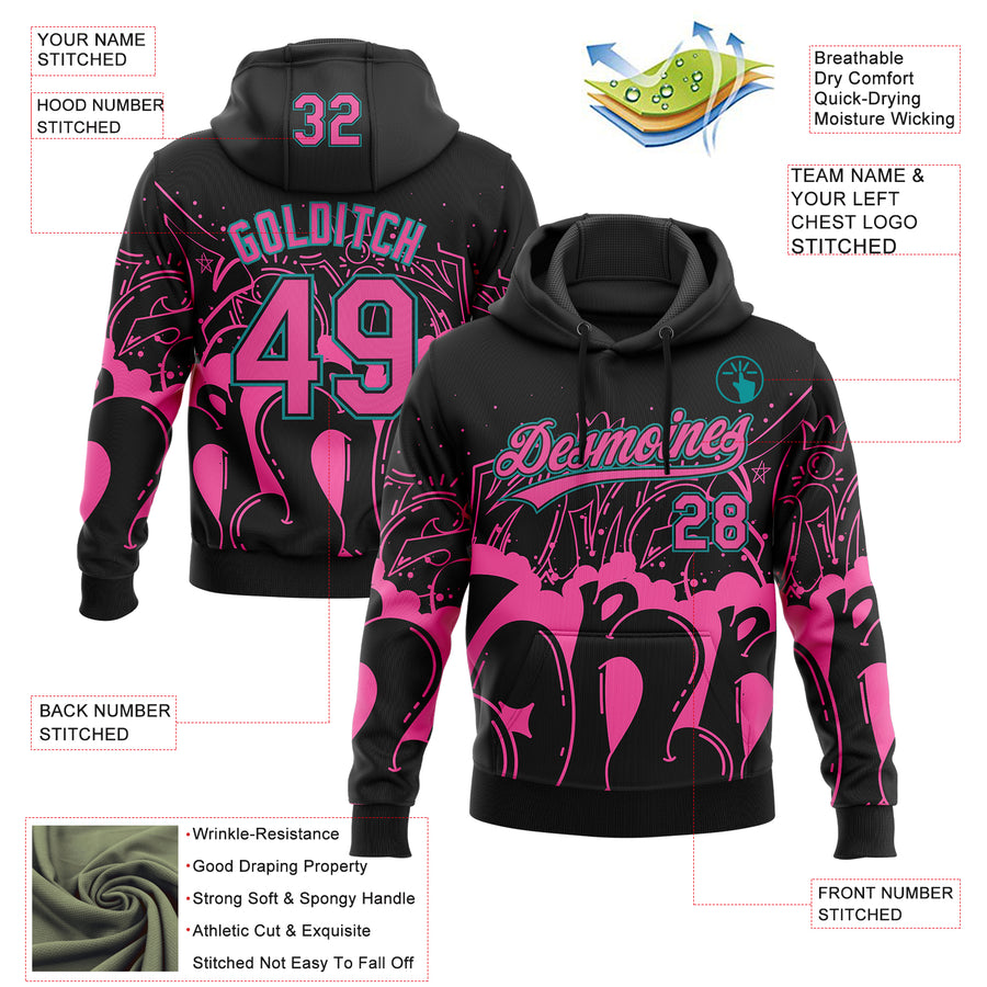 Custom Stitched Black Pink-Teal 3D Graffiti Splash Street Art Sports Pullover Sweatshirt Hoodie