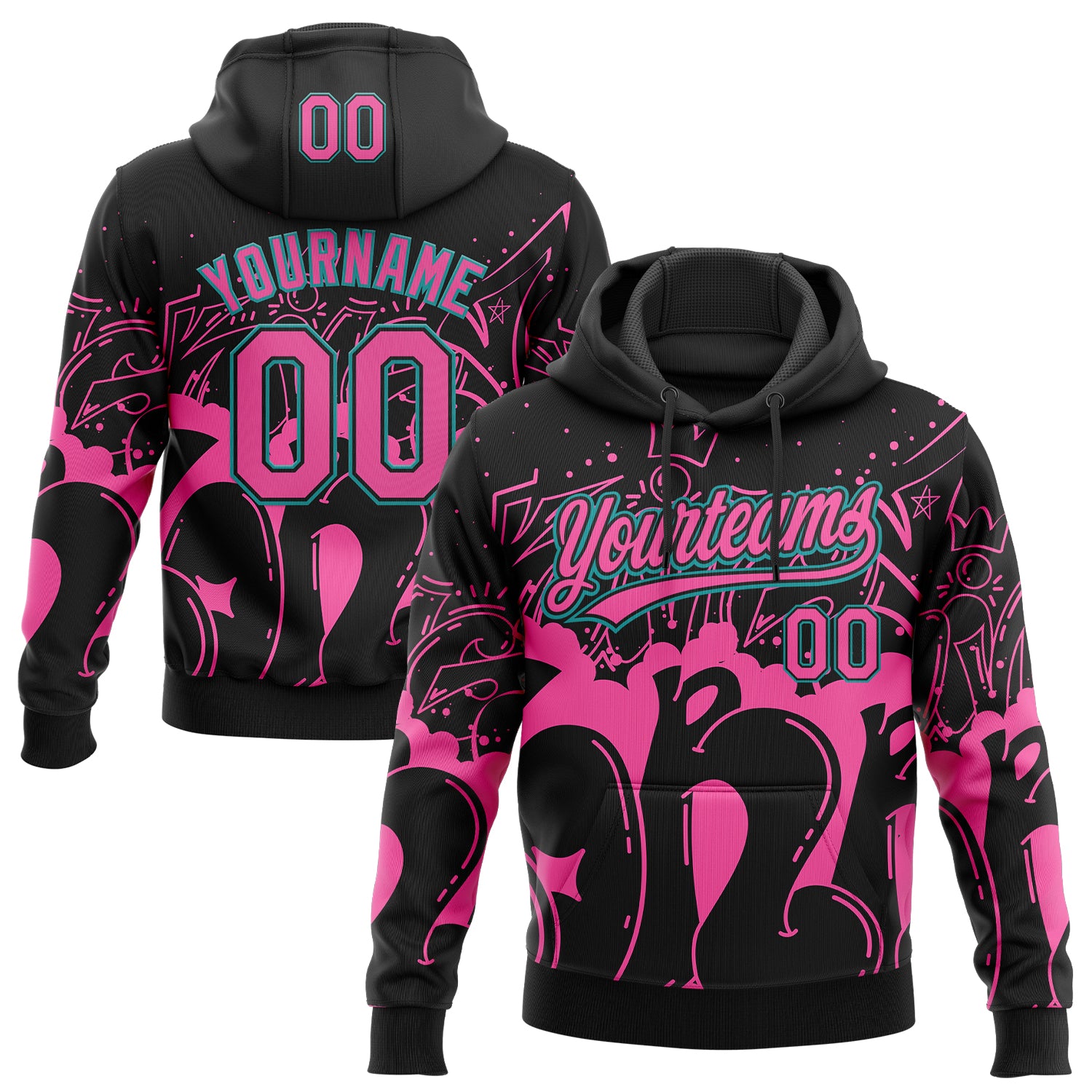 Custom Stitched Black Pink-Teal 3D Graffiti Splash Street Art Sports Pullover Sweatshirt Hoodie