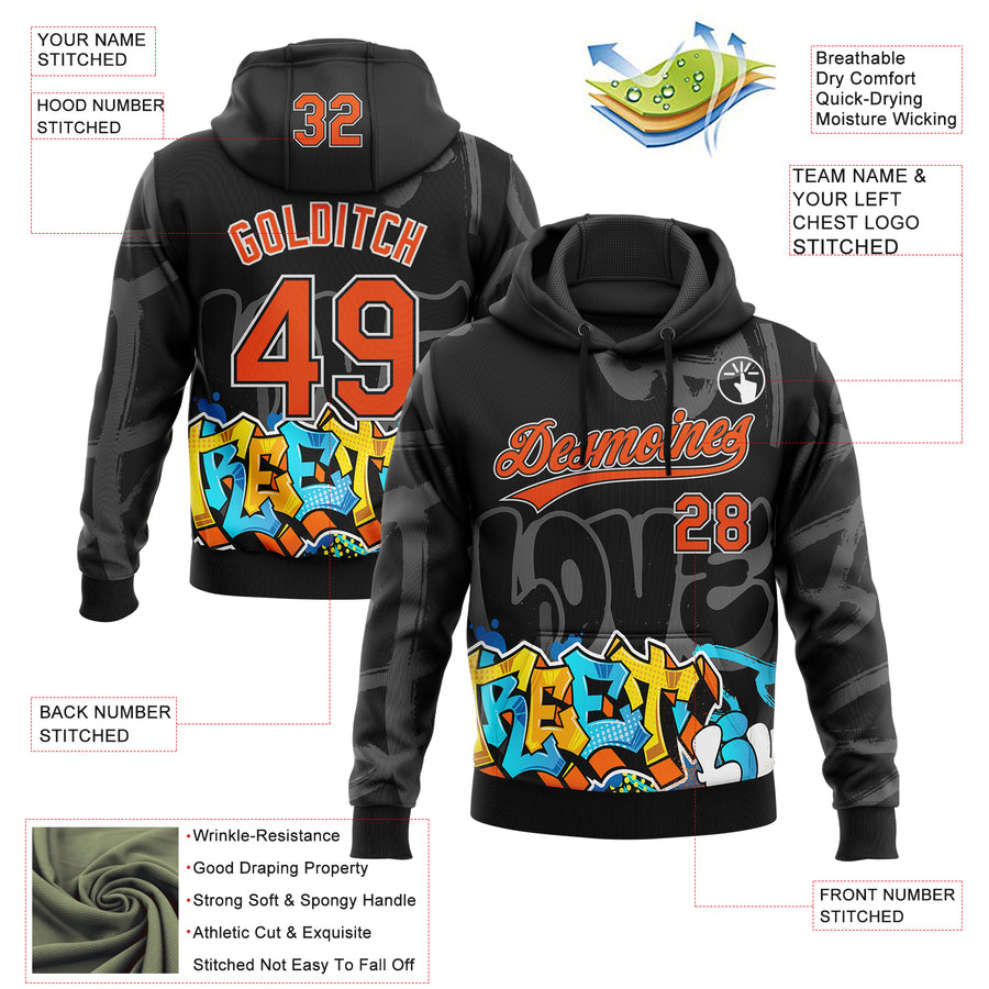 Custom Stitched Black Orange Gray-White 3D Graffiti Splash Street Art Sports Pullover Sweatshirt Hoodie