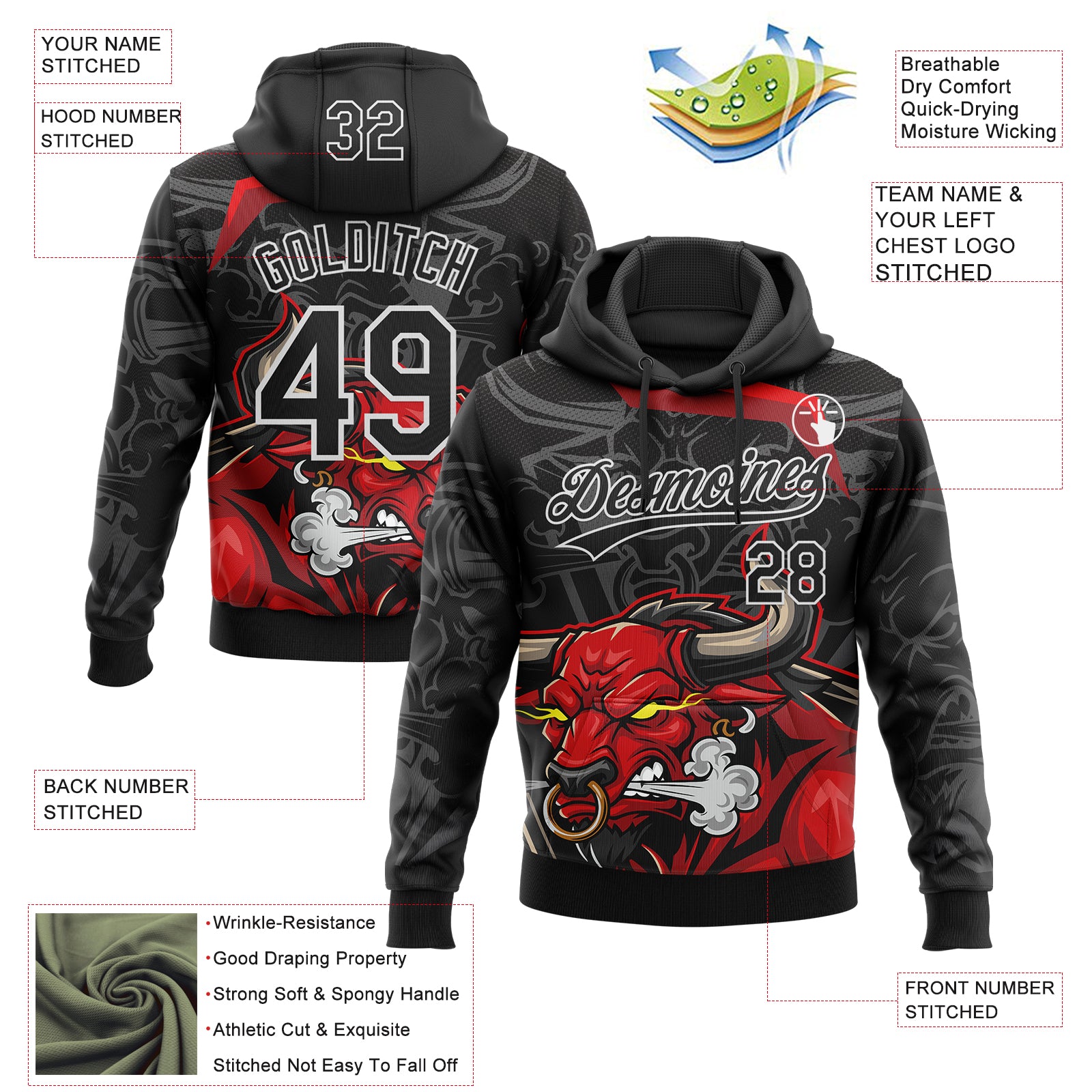 Custom Stitched Black Gray Red-White 3D Pattern Design Animal Bull Sports Pullover Sweatshirt Hoodie