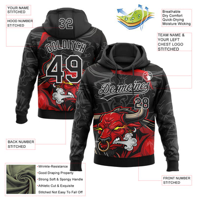 Custom Stitched Black Gray Red-White 3D Pattern Design Animal Bull Sports Pullover Sweatshirt Hoodie