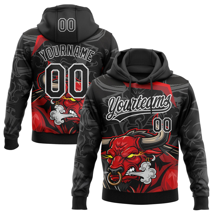 Custom Stitched Black Gray Red-White 3D Pattern Design Animal Bull Sports Pullover Sweatshirt Hoodie