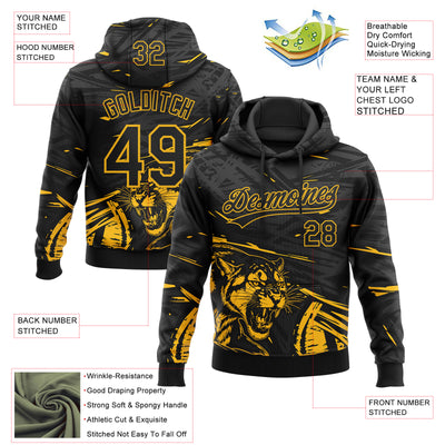 Custom Stitched Black Gold-Gray 3D Pattern Design Animal Tiger Sports Pullover Sweatshirt Hoodie
