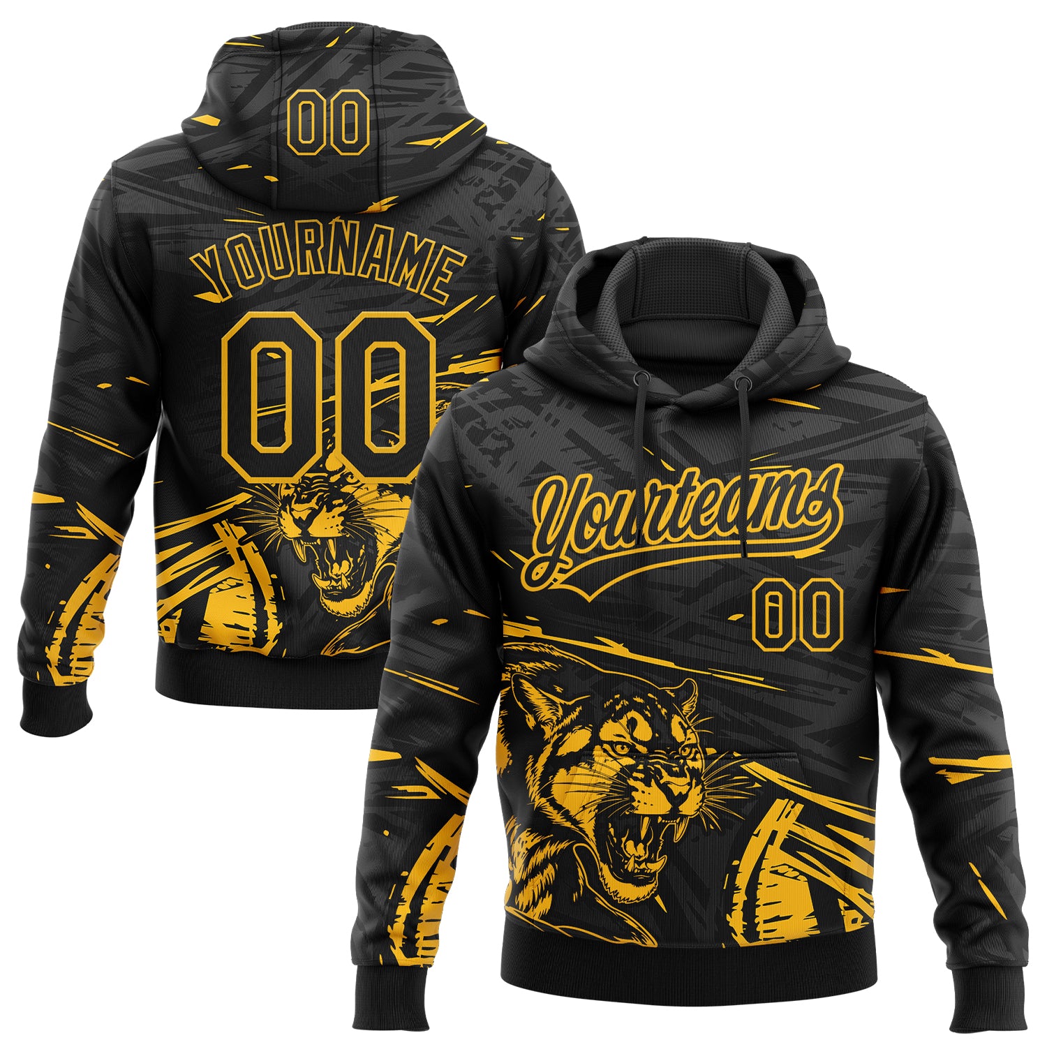 Custom Stitched Black Gold-Gray 3D Pattern Design Animal Tiger Sports Pullover Sweatshirt Hoodie