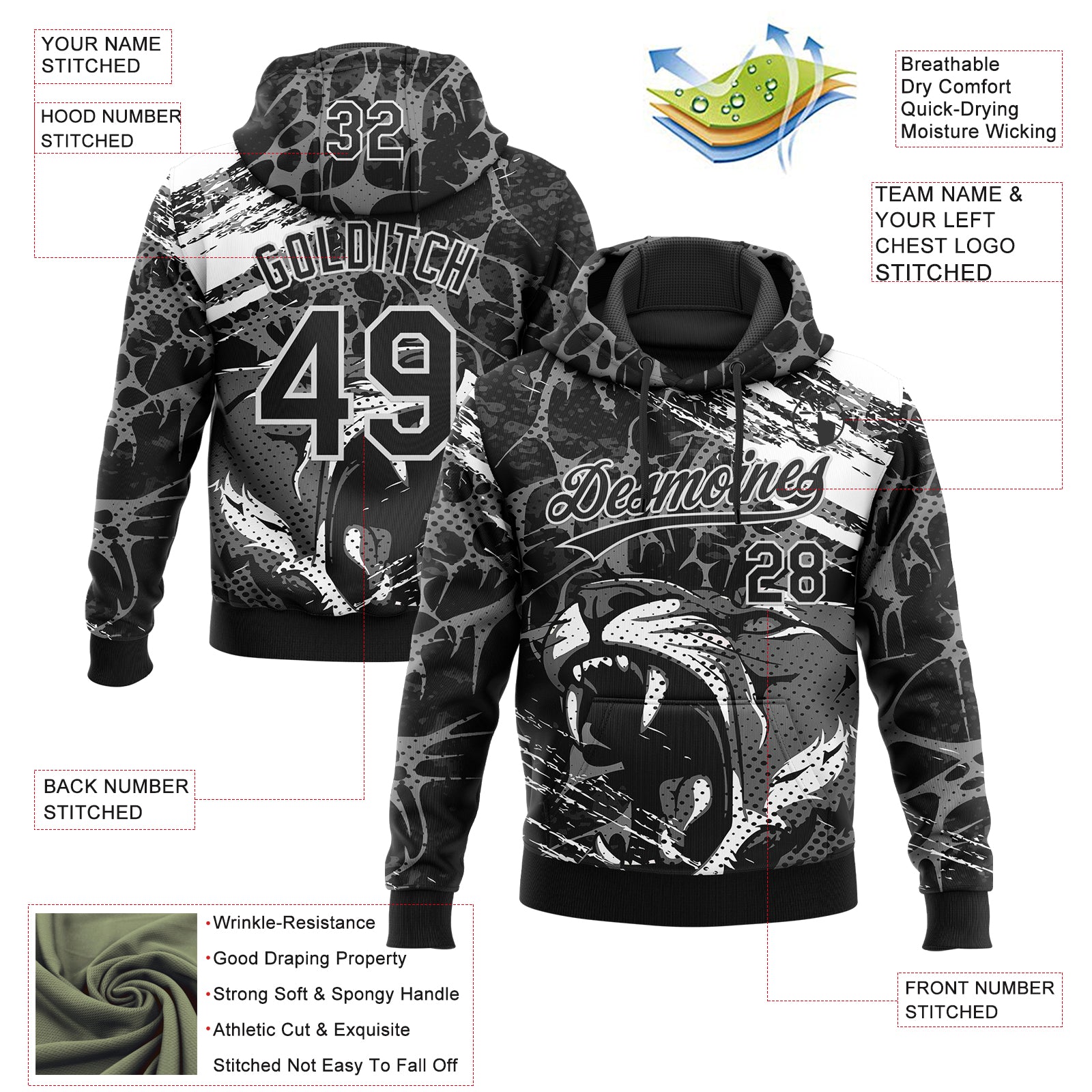 Custom Stitched Black Gray-White 3D Pattern Design Animal Tiger Sports Pullover Sweatshirt Hoodie