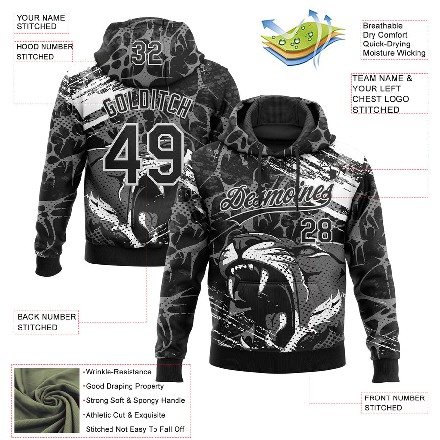 Custom Stitched Black Gray-White 3D Pattern Design Animal Tiger Sports Pullover Sweatshirt Hoodie