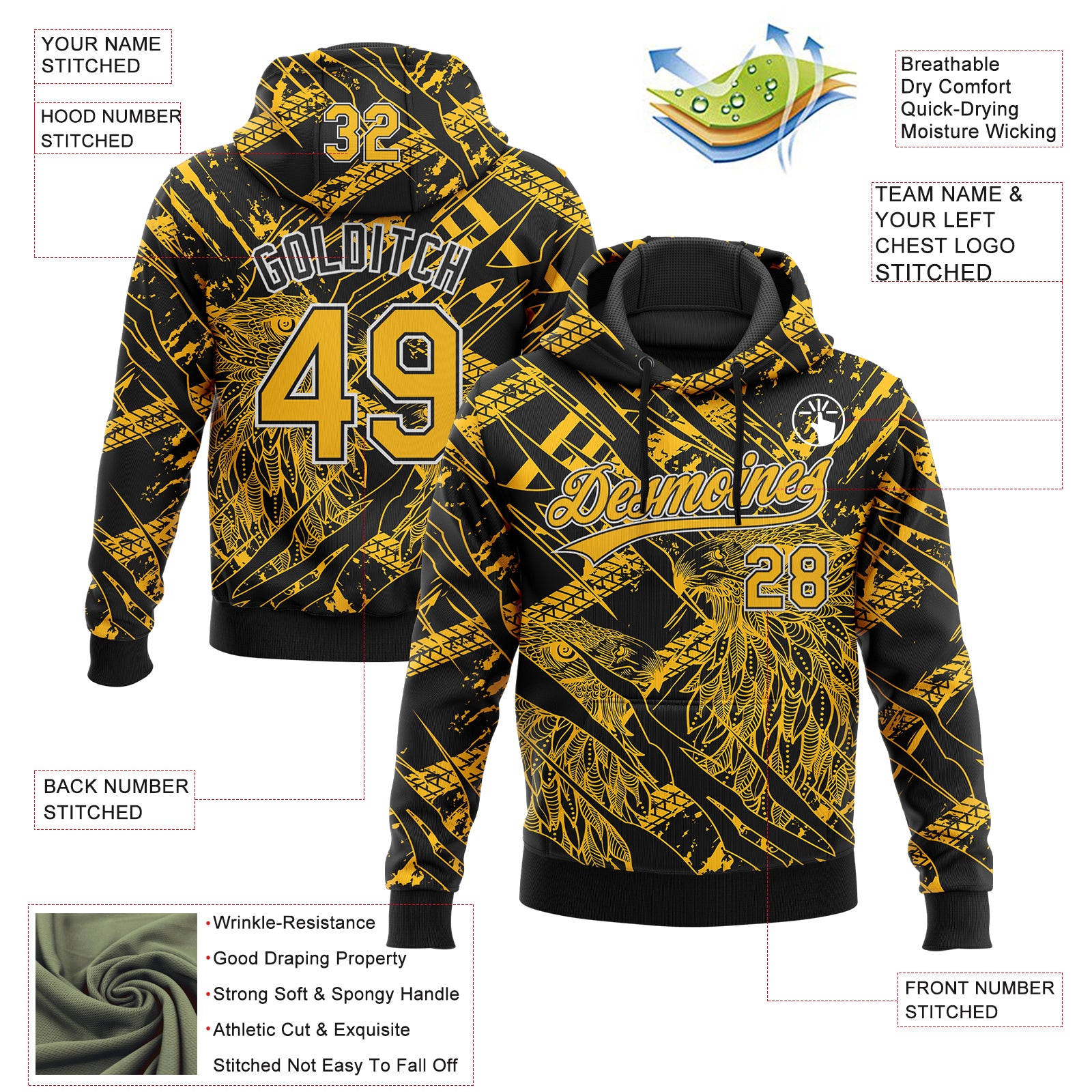 Custom Stitched Black Gold-White 3D Pattern Design Animal Eagle Sports Pullover Sweatshirt Hoodie