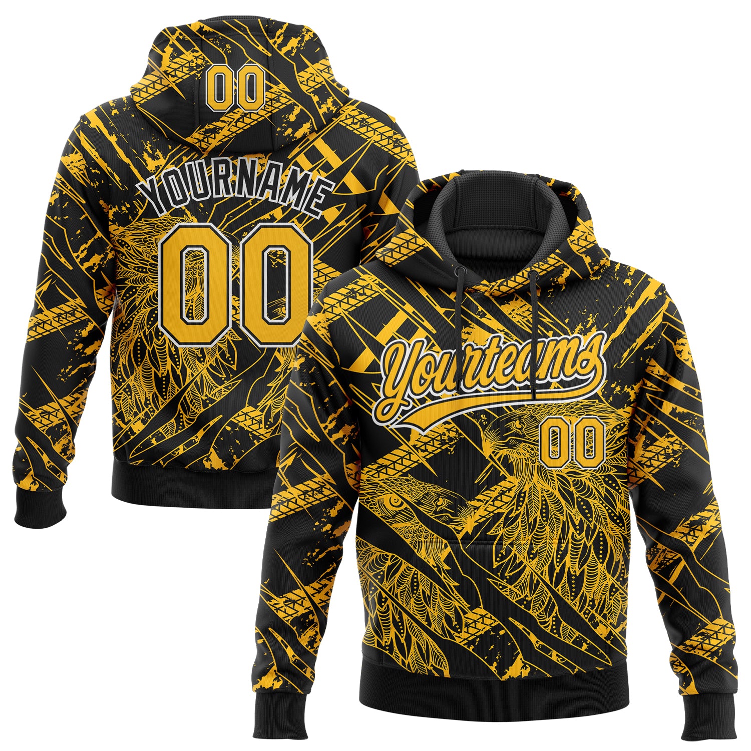 Custom Stitched Black Gold-White 3D Pattern Design Animal Eagle Sports Pullover Sweatshirt Hoodie