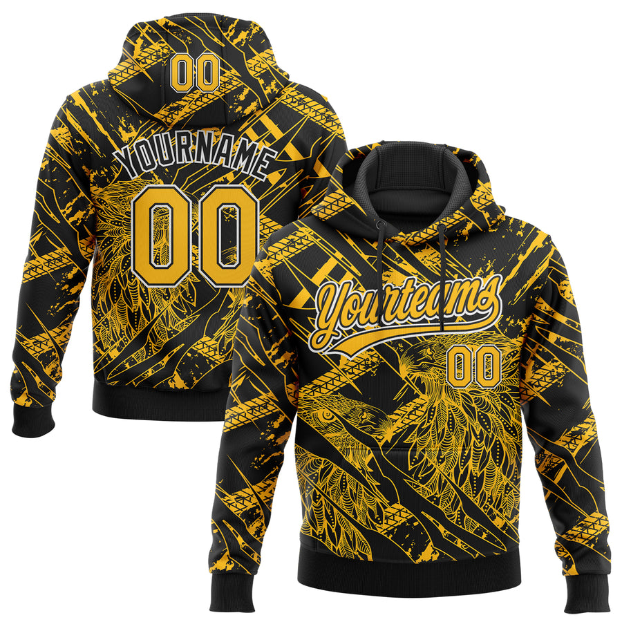 Custom Stitched Black Gold-White 3D Pattern Design Animal Eagle Sports Pullover Sweatshirt Hoodie