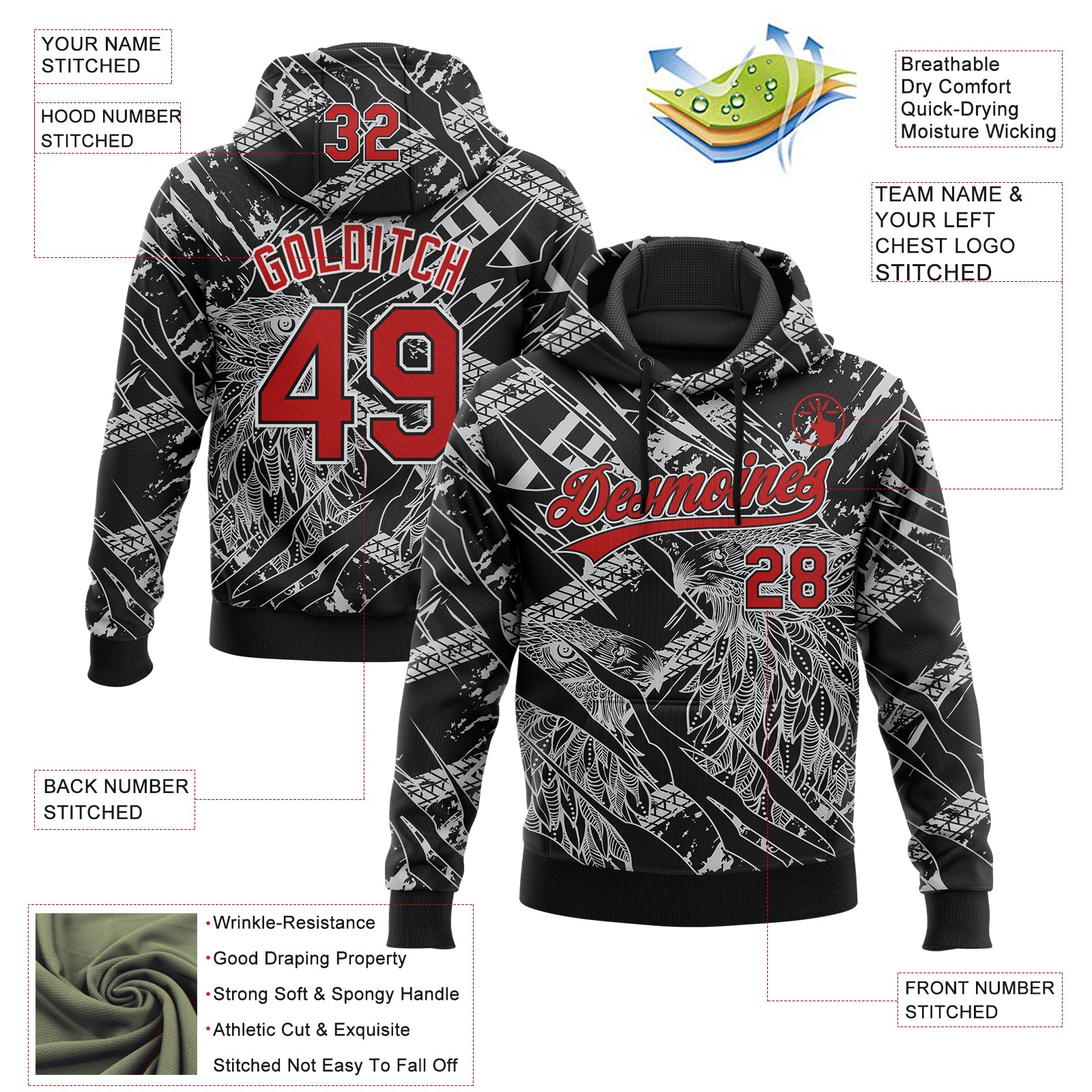 Custom Stitched Black Red Gray-White 3D Pattern Design Animal Eagle Sports Pullover Sweatshirt Hoodie