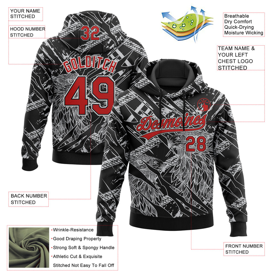 Custom Stitched Black Red Gray-White 3D Pattern Design Animal Eagle Sports Pullover Sweatshirt Hoodie