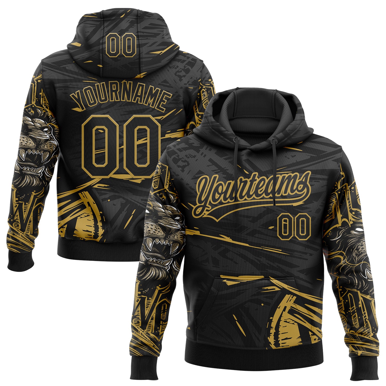 Custom Stitched Black Gray-Old Gold 3D Pattern Design Animal Lion Sports Pullover Sweatshirt Hoodie