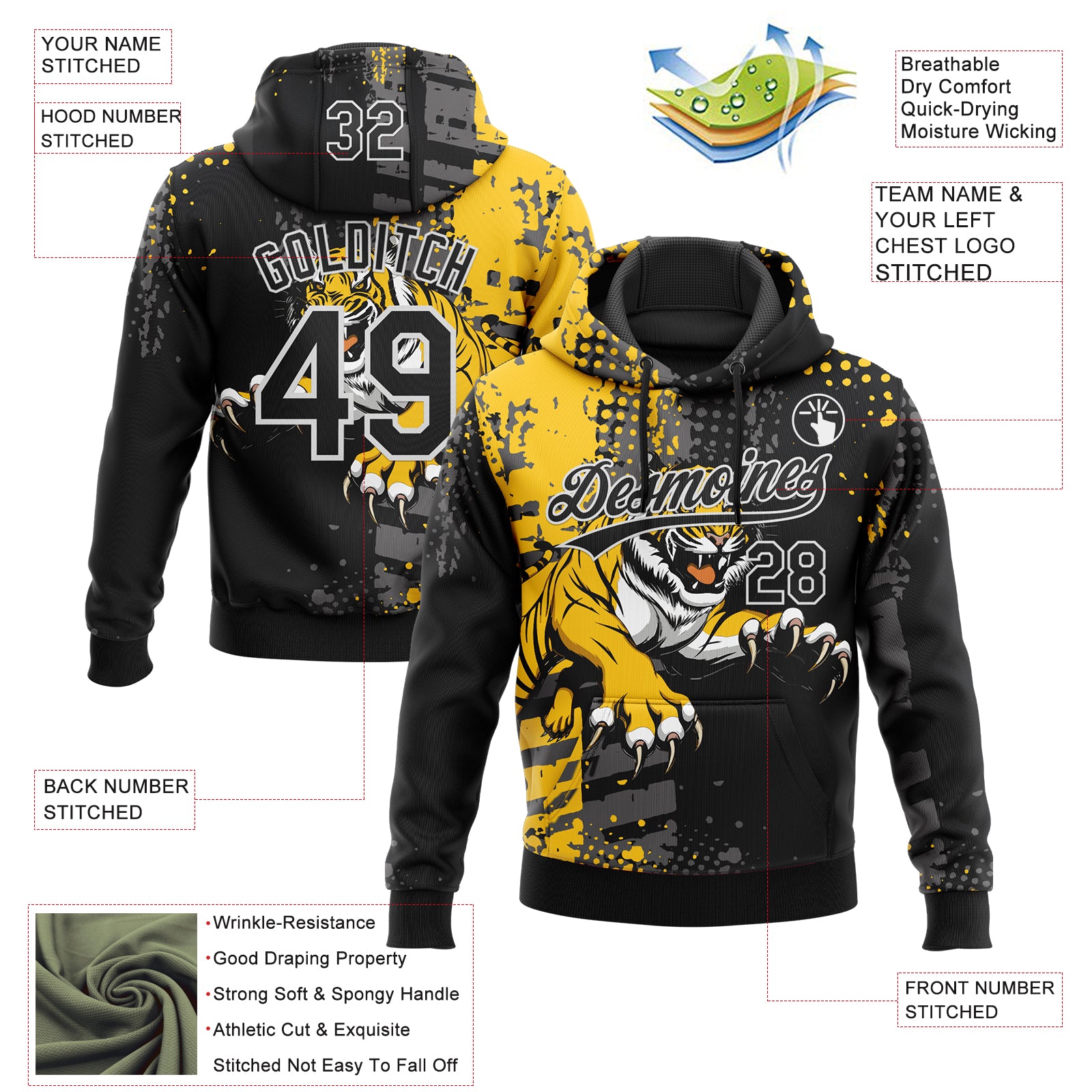 Custom Stitched Black Yellow Gray-White 3D Pattern Design Animal Tiger Sports Pullover Sweatshirt Hoodie