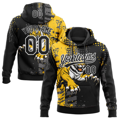 Custom Stitched Black Yellow Gray-White 3D Pattern Design Animal Tiger Sports Pullover Sweatshirt Hoodie