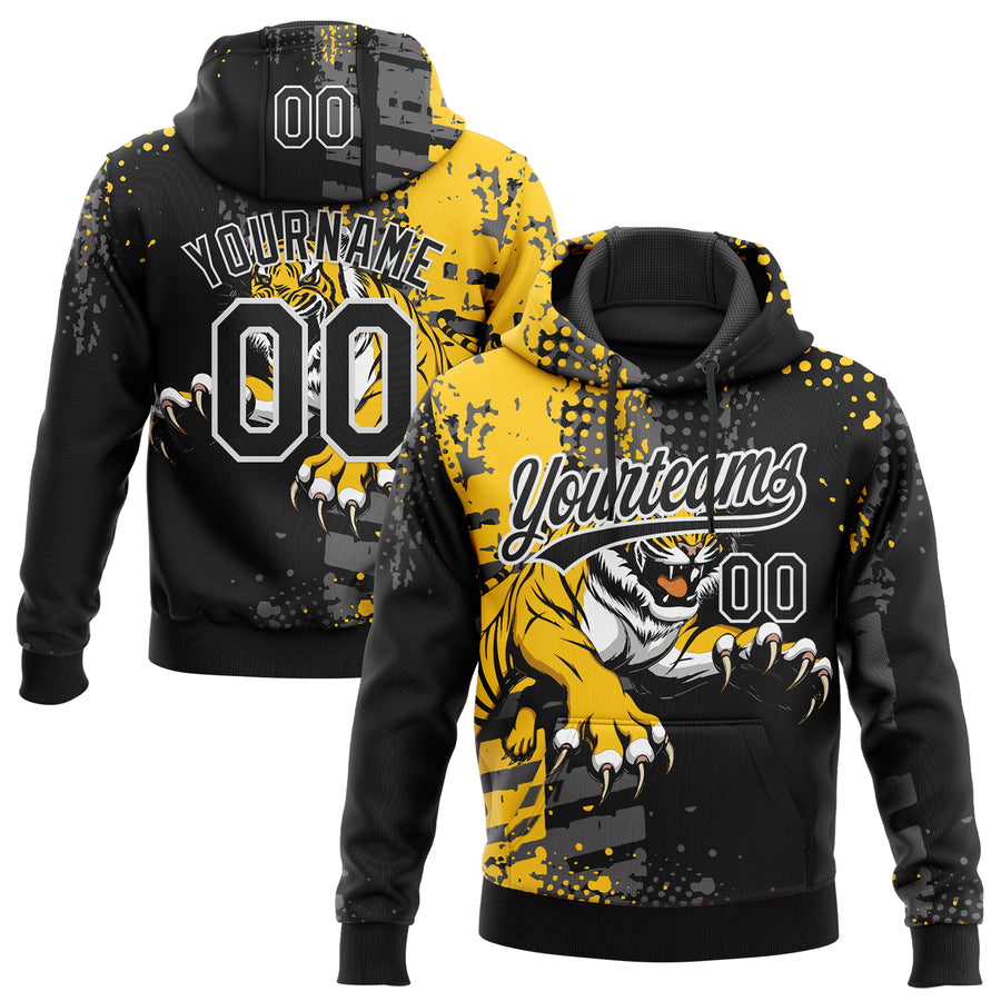 Custom Stitched Black Yellow Gray-White 3D Pattern Design Animal Tiger Sports Pullover Sweatshirt Hoodie