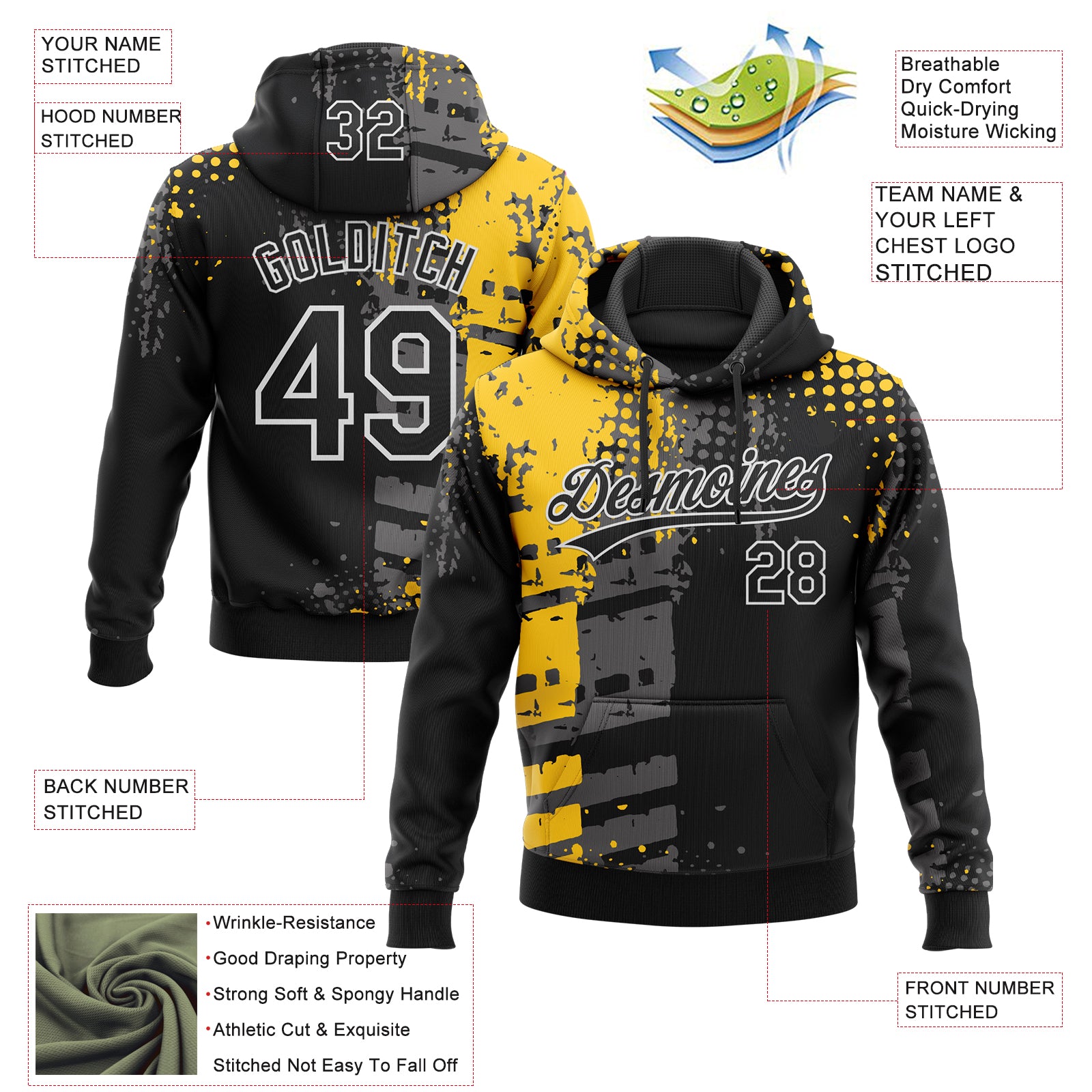 Custom Stitched Black Yellow Gray-White 3D Pattern Design Splash Sports Pullover Sweatshirt Hoodie