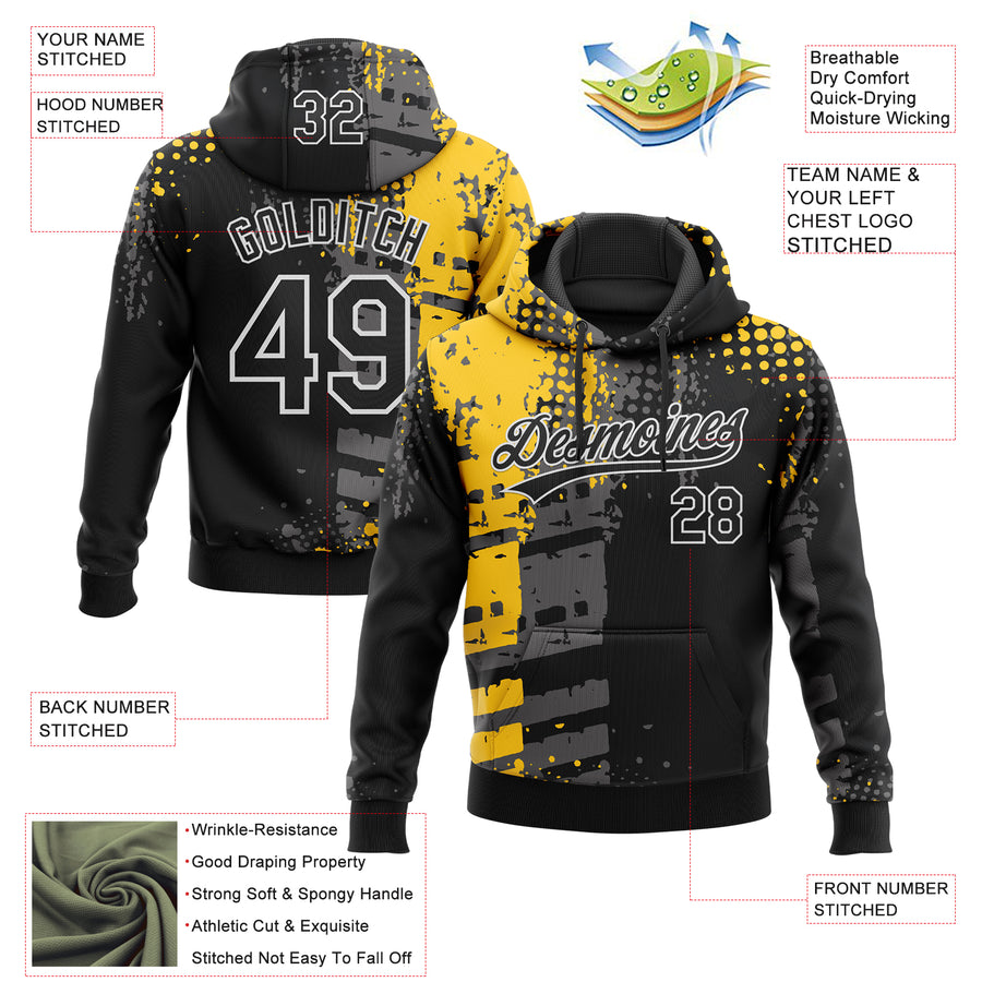 Custom Stitched Black Yellow Gray-White 3D Pattern Design Splash Sports Pullover Sweatshirt Hoodie