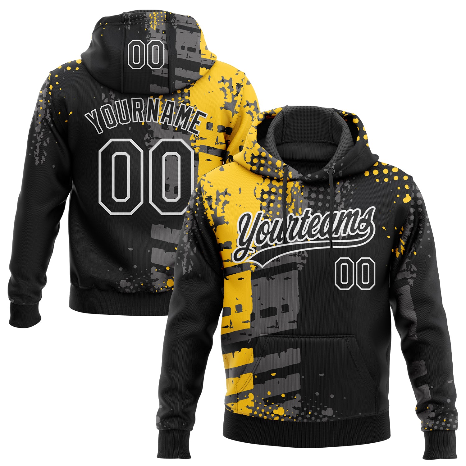 Custom Stitched Black Yellow Gray-White 3D Pattern Design Splash Sports Pullover Sweatshirt Hoodie